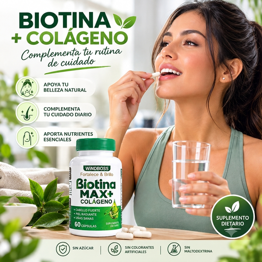 BIOTINA MAX + COLÁGENO 60 cap/Formula Fortalece + Brilla